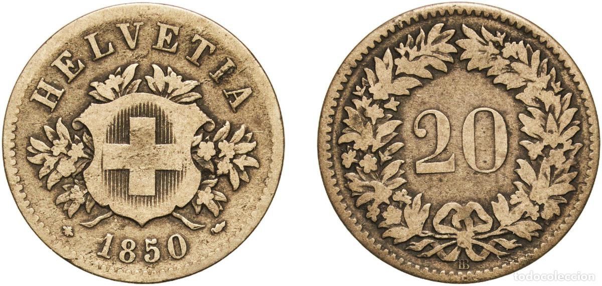 Material numism&aacute;tico: Switzerland Federal State 1850 BB 20 Rappen (Coat of arms) Billon (.150 silver) Strasbourg Mint (11