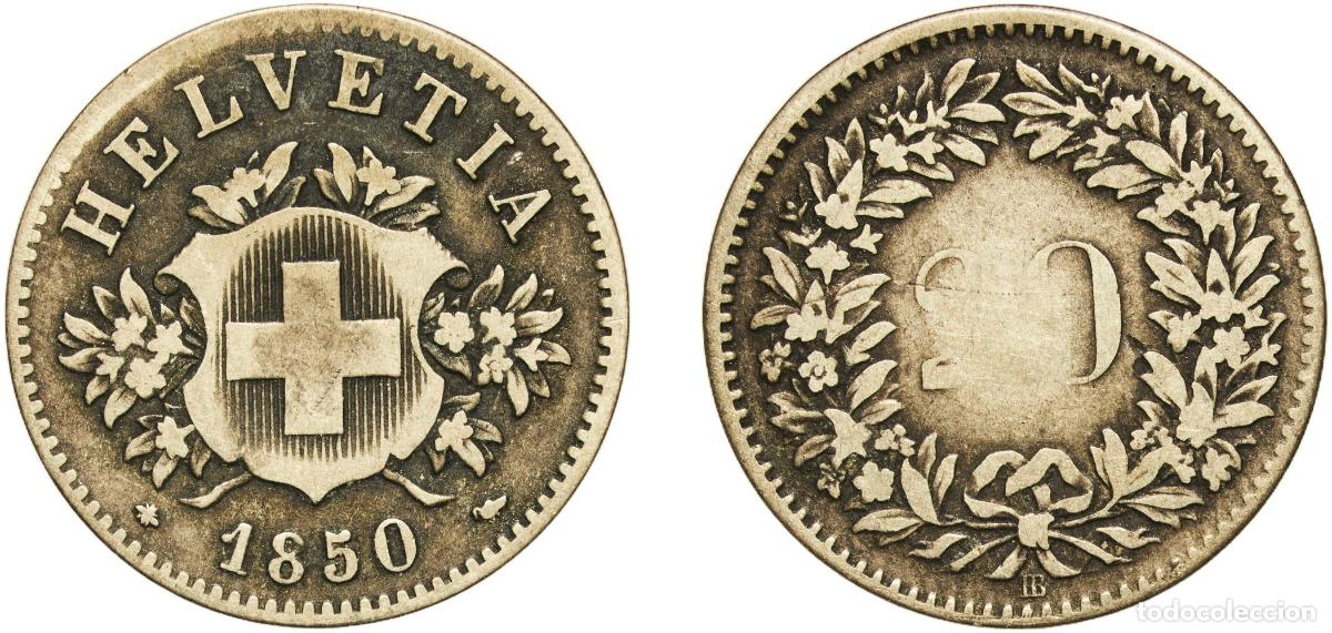 Material numism&aacute;tico: Switzerland Federal State 1850 BB 20 Rappen (Coat of arms) Billon (.150 silver) Strasbourg Mint (11