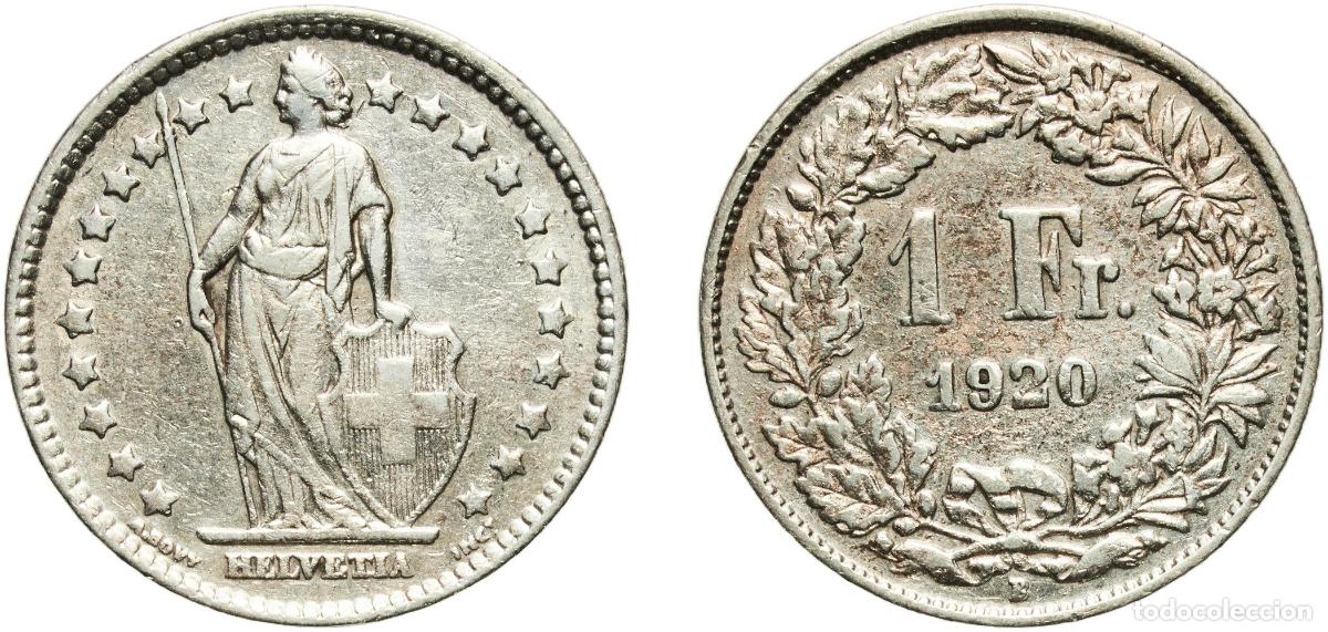 Material numism&aacute;tico: Switzerland Federal State 1920 B 1 Franc (Helvetia standing; silver) Silver (.835) (16.5% copper) B