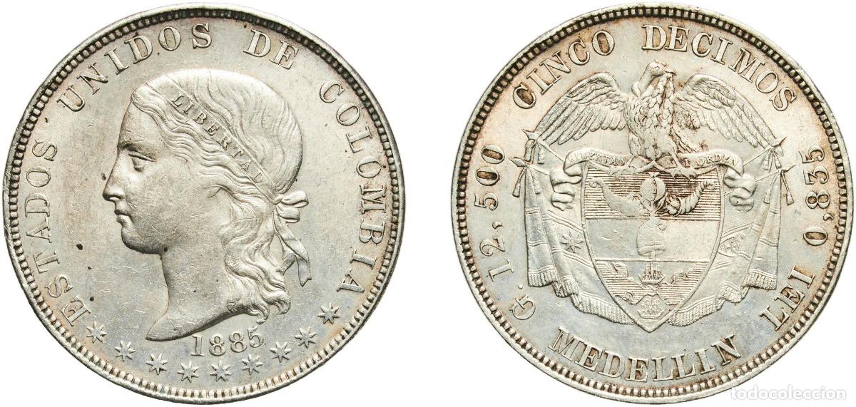 Material numism&aacute;tico: Colombia United States of Colombia 1885 Medellin 5 / Cinco D&eacute;cimos Original luster Silver (.835) Me