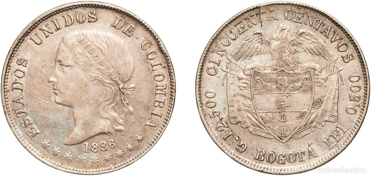 Material numism&aacute;tico: Colombia United States of Colombia 1886 BOGOT&Aacute; 50 Centavos With traces of luster Silver (.500) Bogo