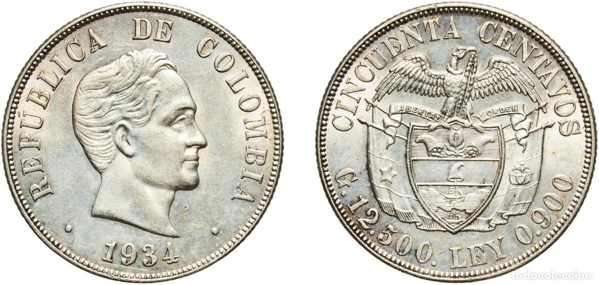 Material numism&aacute;tico: Colombia Republic 1934 50 Centavos Original luster Silver (.900) (Copper .100) San Francisco Mint (