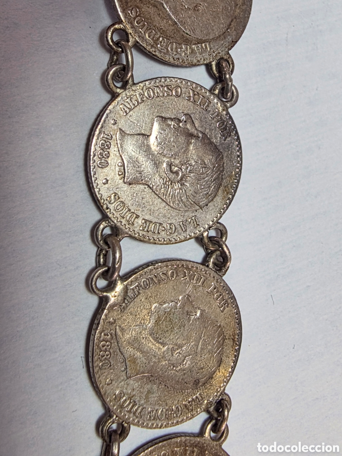 Material numism&aacute;tico: Pulsera monedas Alfonso XII plata - Foto 2