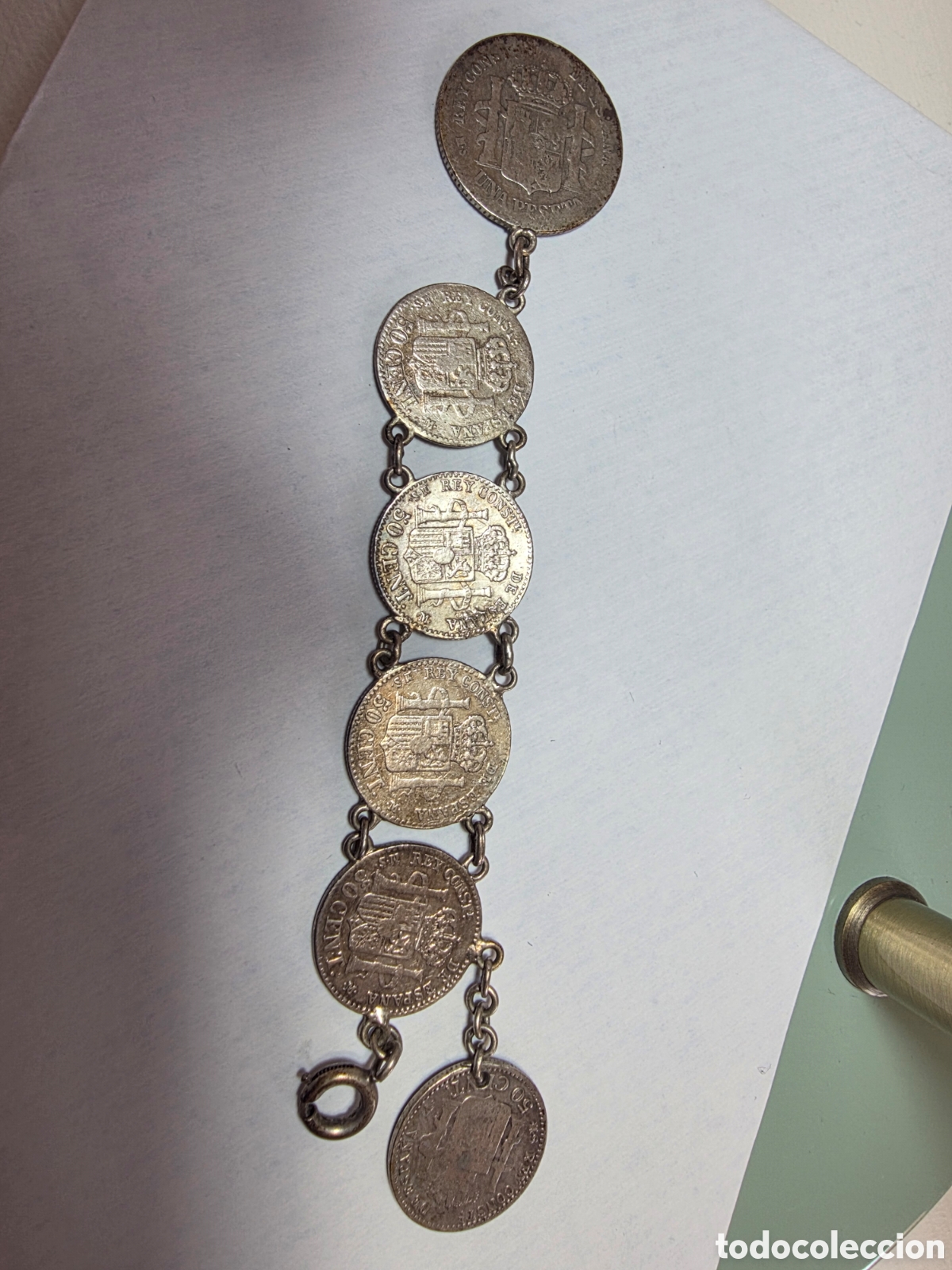 Material numism&aacute;tico: Pulsera monedas Alfonso XII plata - Foto 3