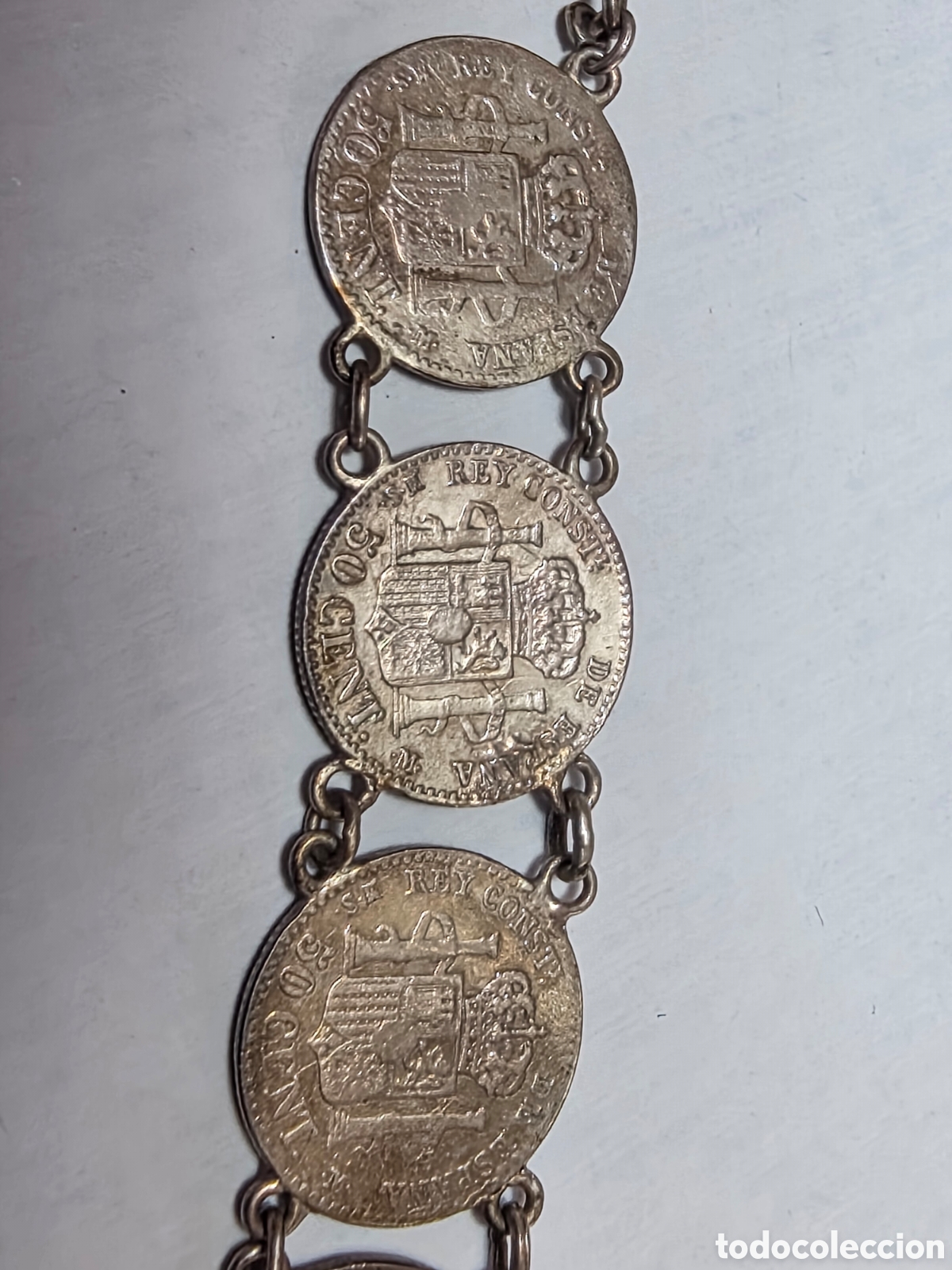 Material numism&aacute;tico: Pulsera monedas Alfonso XII plata - Foto 4
