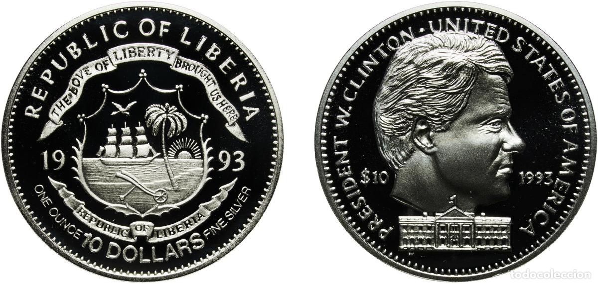 Material numism&aacute;tico: Liberia Republic 1993 PM 10 Dollars (Bill Clinton) Silver (.999) Pobjoy Mint (25000) 31.34g PF KM