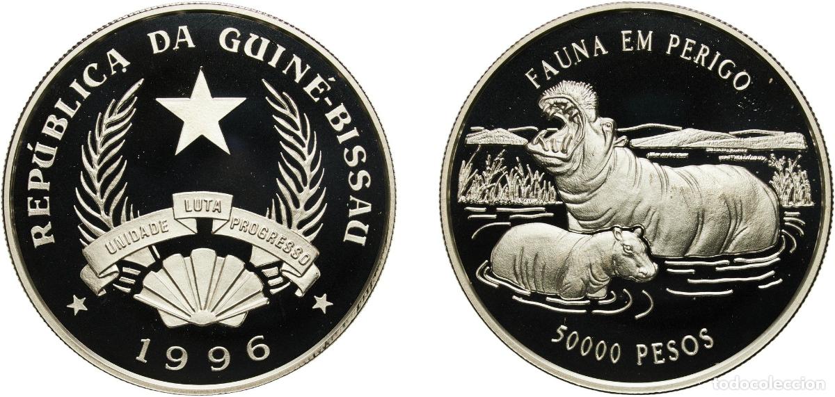 Material numism&aacute;tico: Guinea-Bissau Republic 1996 50 000 Pesos (Hippopotamus-Female and calf) Silver (.925) (15000) 31.61