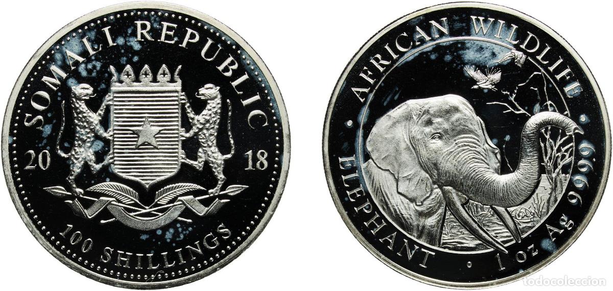 Material numism&aacute;tico: Somalia Republic 2018 100 Shillings (Elephant) Silver (.9999) Munich Mint 31.16g PF KM 284 KM 286