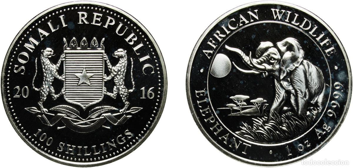 Materiale numismatico: Somalia Republic 2016 100 Shillings (Elephant; Silver) Silver (.9999) Munich Mint 31.15g PF KM 262