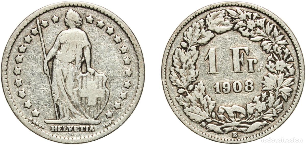 Material numism&aacute;tico: Switzerland Federal State 1908 B 1 Franc (Helvetia standing; silver) Silver (.835) (16.5% copper) B