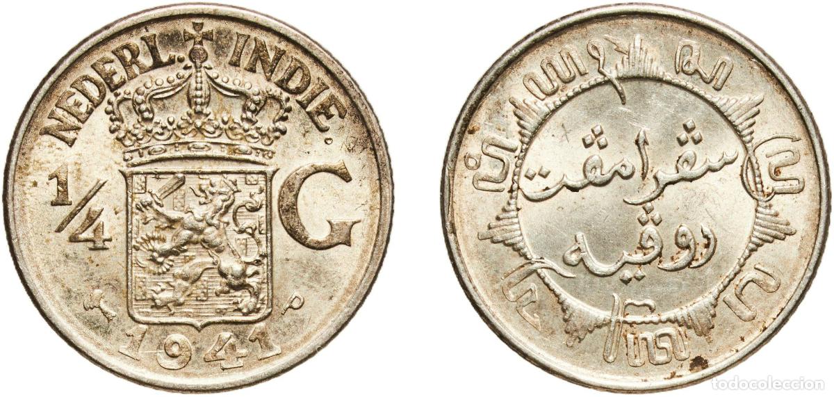 Material numism&aacute;tico: Netherlands East Indies United East India Company 1941 P &frac14; Gulden - Wilhelmina (large type, narrow