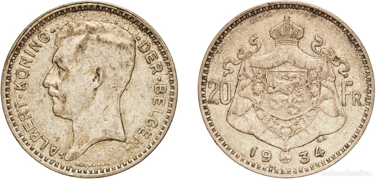Material numism&aacute;tico: Belgium Kingdom 1934 20 Francs - Albert I (Dutch text) Silver (.680) (32% copper) Royal Mint of Bel
