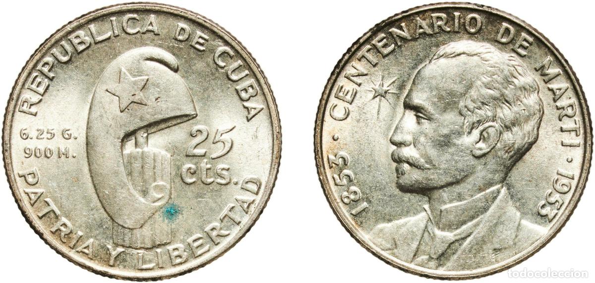 Material numism&aacute;tico: Cuba First Republic 1953 25 Centavos (Jos&eacute; Mart&iacute;) Silver (.900) (silver 90%, copper 10%) Philadelph