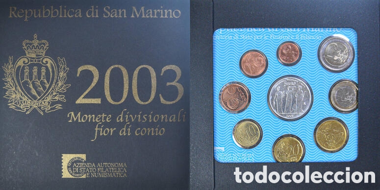 Materiale numismatico: Monedas: Cartera oficial SAN MARINO 2003 BU (9 monedas) 1 cent a 2 euros + 5 euros PLATA