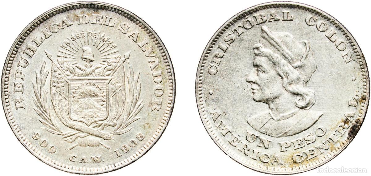 Numismatic Material: El Salvador Republic 1908 C.A.M. 1 Peso Silver (.900) (Copper .100) Royal Mint of Belgium (1600000)