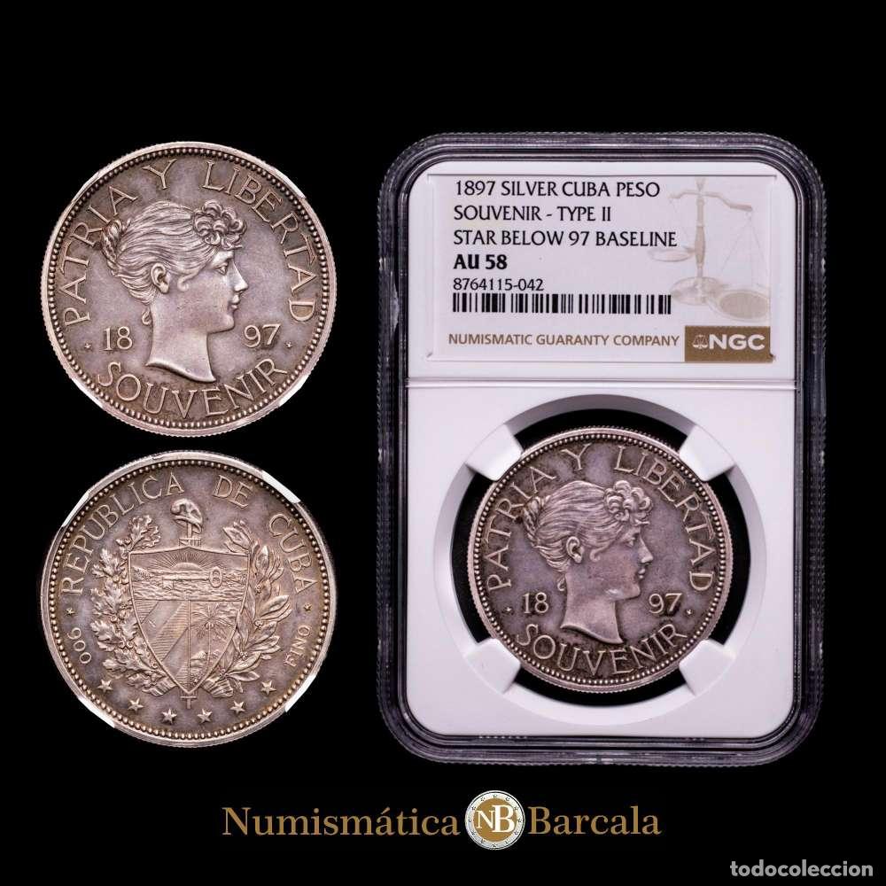 Material numism&aacute;tico: Cuba. 1 Peso Souvenir. 1897. (Km-M3). Ag. 22,5 gr. Magn&iacute;fica p&aacute;tina. Encapsulada por NGC como AU 58.