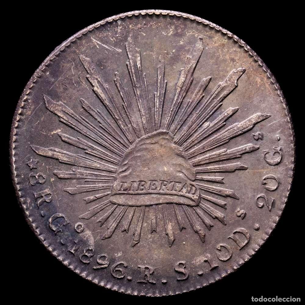 Material numism&aacute;tico: M&eacute;xico. 8 reales. 1896. Guanajuato. RS. (Km-377,8). Ag. 27,04 gramos. Bonita p&aacute;tina oscura. EBC.