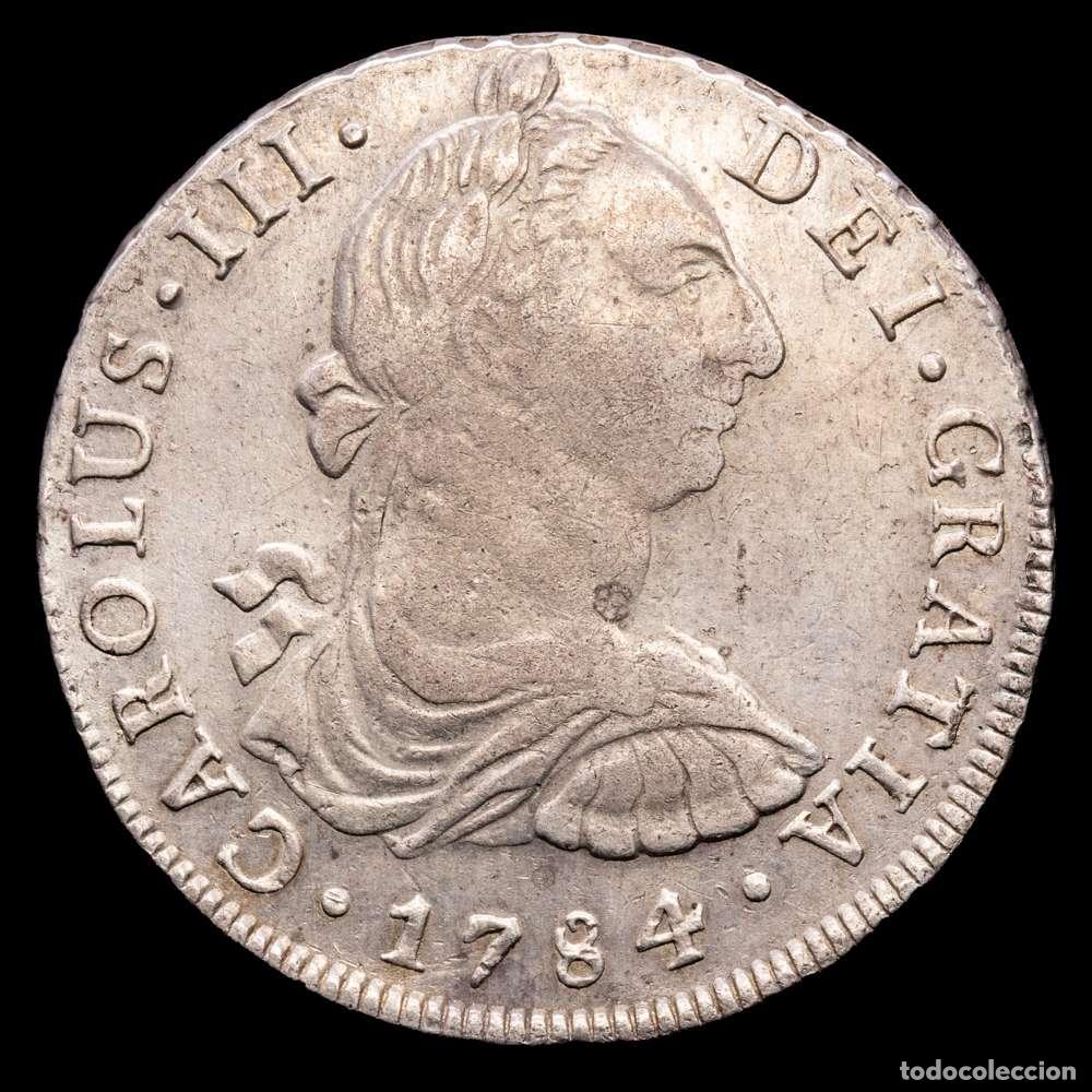 Material numism&aacute;tico: Carlos III (1759-1788). 8 reales. 1784. Lima. MI. (Cal-1053). Ag. 26,82 gramos. Ligero tono. MBC+.