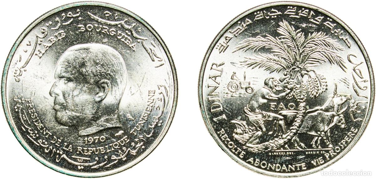 Material numism&aacute;tico: Tunisia Republic 1970 1 Dinar (FAO) Silver (.680) (Copper .320) Paris Mint (1250) 18.08g UNC KM 30