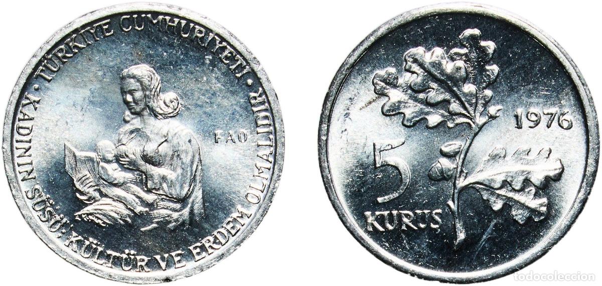 Material numism&aacute;tico: Turkey Republic 1976 5 Kuruş (FAO) Aluminium (99.5% Aluminium, 0.4% Iron, 0.1% Other) Turkish State