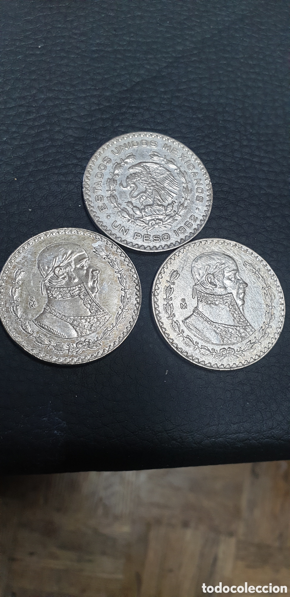 Material numism&aacute;tico: 3 monedas mexicana de 1 peso del a&ntilde;o 1962.63 (conocida popularmente como &rdquo;tepalcate&rdquo;).