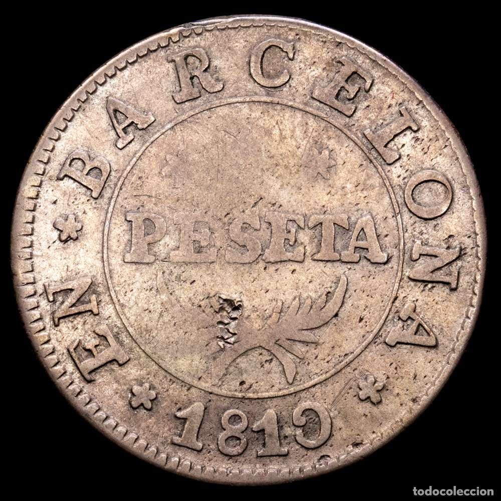 Material numism&aacute;tico: Jos&eacute; Napole&oacute;n (1808-1814). 1 peseta. 1810.Barcelona. (Cal-34). Ag. 5,32 gramos. MBC.