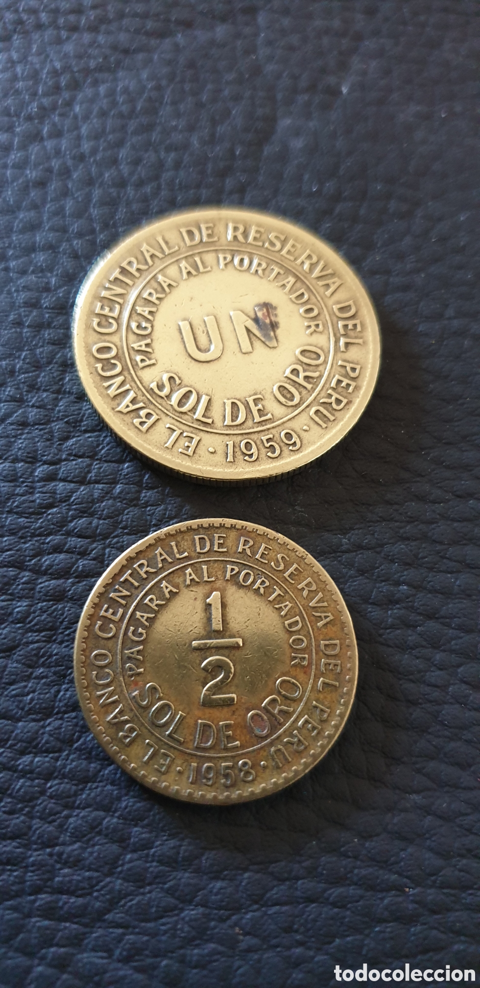 Material numism&aacute;tico: Modedas antiguas 1 Sol de Oro 1959 y 1/2 Sol de Oro 1958