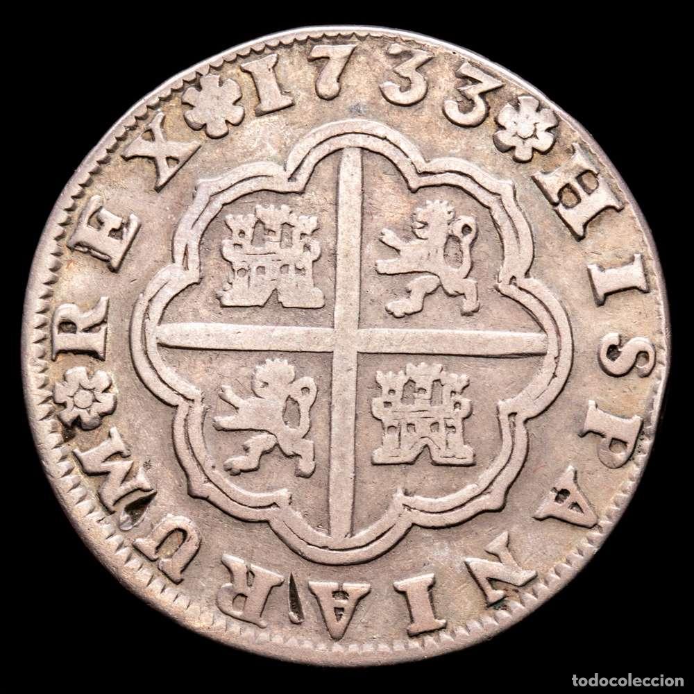 Material numism&aacute;tico: Felipe V (1700-1746). 2 reales. 1733. Sevilla. PA. (Cal-989). Ag. 5,55 gramos. MBC. Tono.