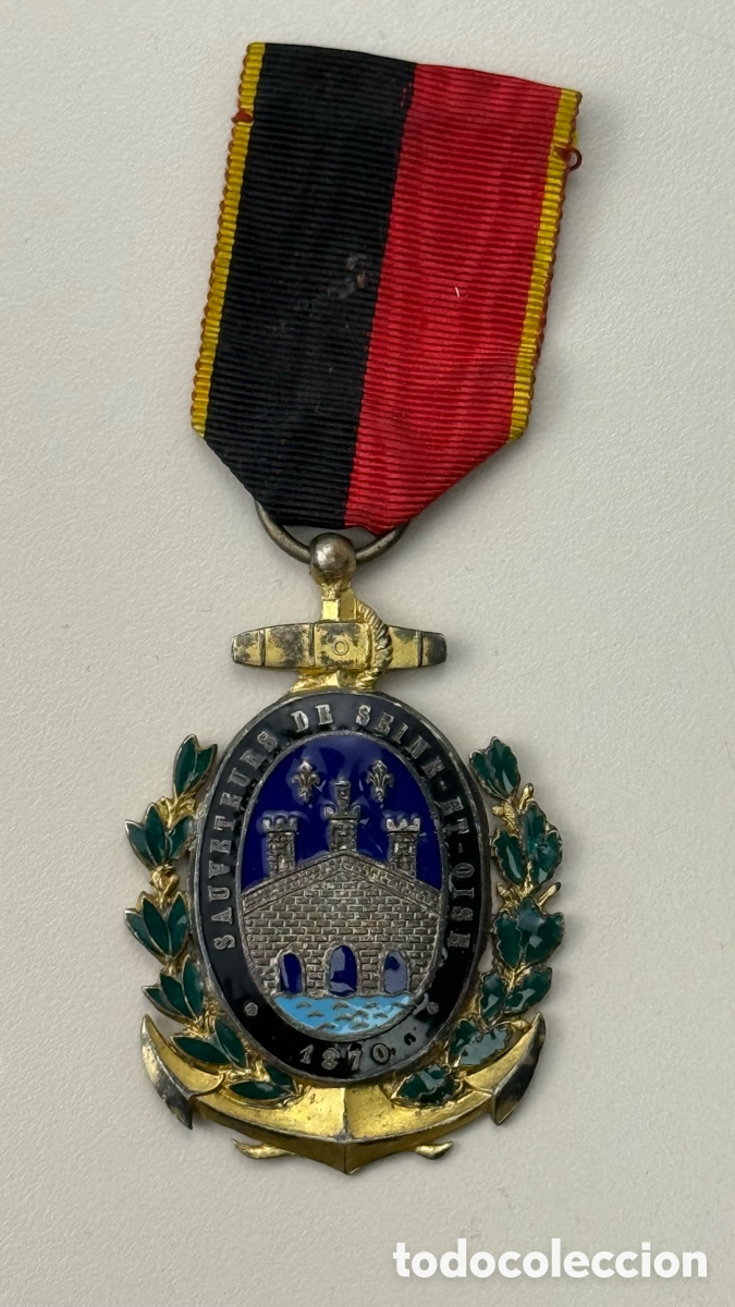 Medallas condecorativas: Medalla condecoraci&oacute;n laureada Francia 1870 en metal plateado y esmaltes. Rescatadores.