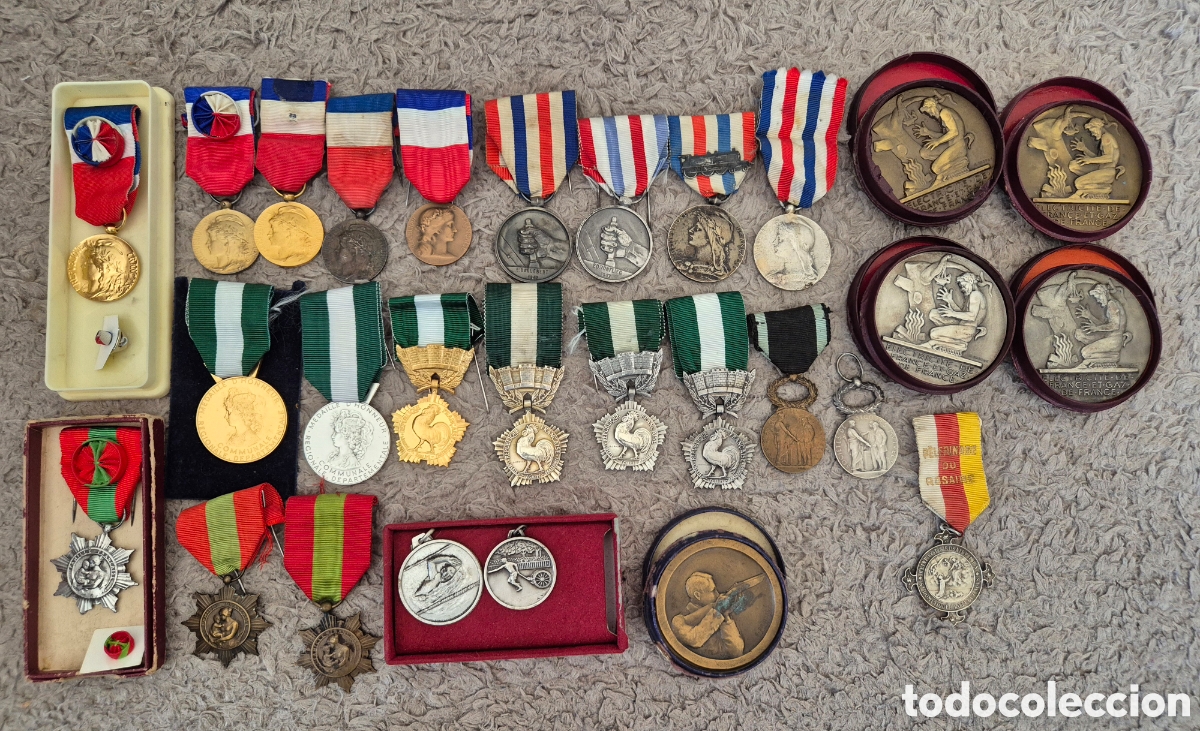 Medallas condecorativas: Gran Lote de 28 Medallas Civiles Francesas (1920-2000) Trabajo, Trenes, Familia