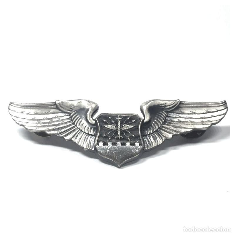 Medaglie condecorativas: Insignia Alas 7,6 cm Navegante de la Fuerza A&eacute;rea de Estados Unidos. Vintage plata esterlina