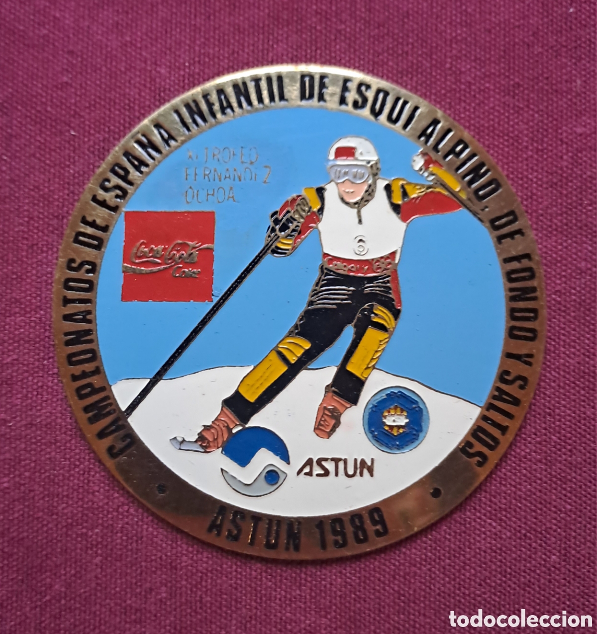Coleccionismo deportivo: Placa campeonatos Espa&ntilde;a infantil esqui alpino fondo salto ski astun 1989 coca cola publicidad