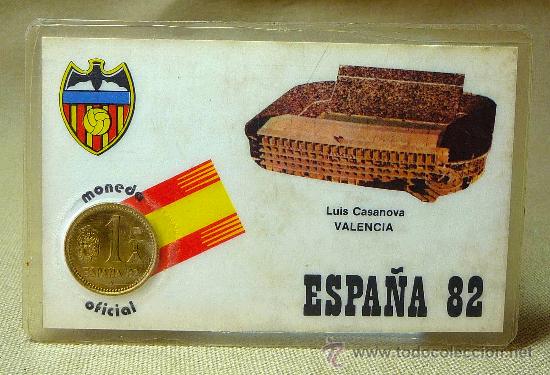 Coleccionismo deportivo: TARJETA PLASTIFICADA, MUNDIAL 1982, MONEDA OFICIAL, LUIS CASANOVA, VALENCIA, FUTBOL