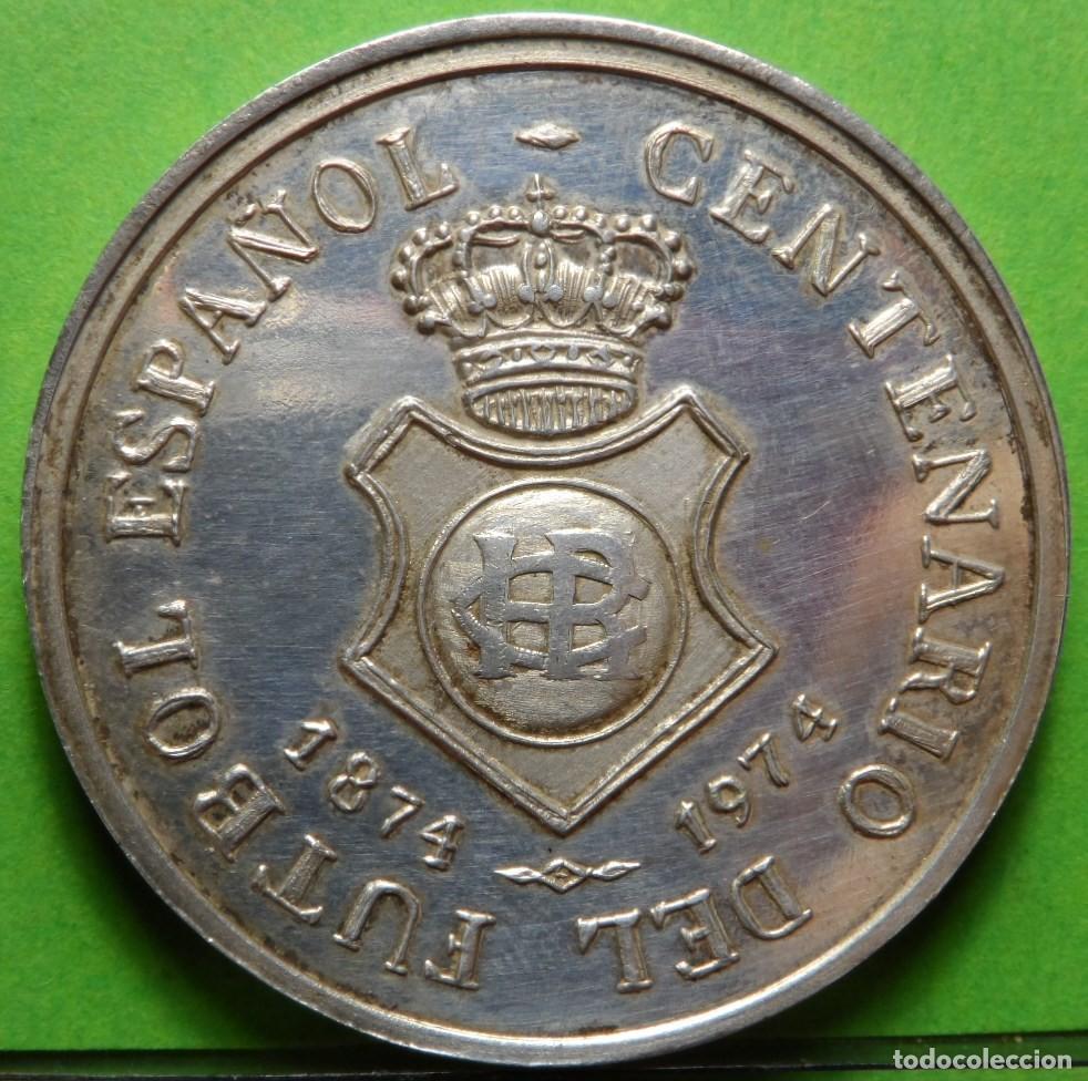 Coleccionismo deportivo: Medalla, REAL CLUB RECREATIVO DE HUELVA, Centenario 1874-1974, Plata, 37 mm, 26,5 grs.