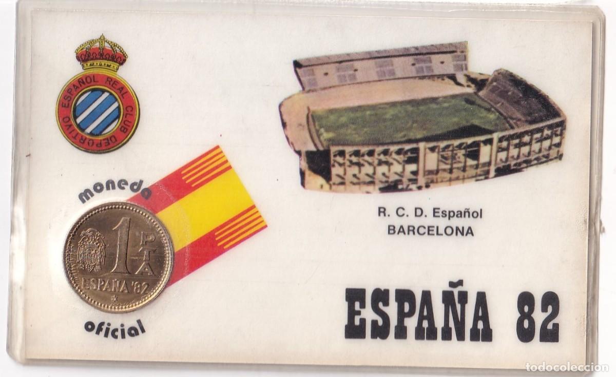 Colecionismo desportivo: MONEDA OFICIAL CONMEMORATIVA MUNDIAL F&Uacute;TBOL ESPA&Ntilde;A 82 ESTADIO R C D ESPA&Ntilde;OL BARCELONA.