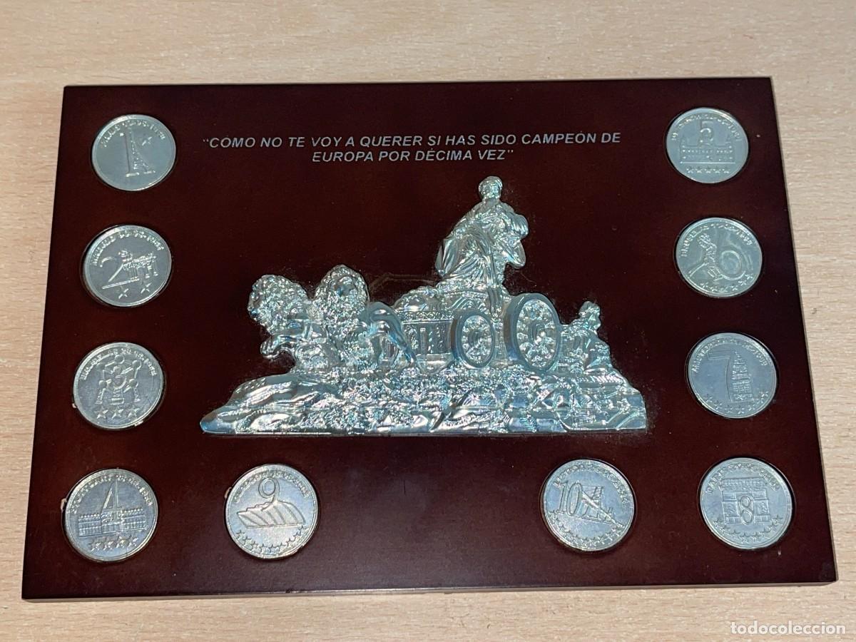 Coleccionismo deportivo: REAL MADRID Placa Conmemorativa 10&ordf; Copa de Europa Cibeles con Monedas &rdquo;Como no te voy a querer...&rdquo;