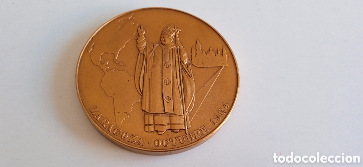 Medaglie storiche: Medalla bronce visita Papa a Zaragoza 1984 y el V centenario descubrimiento y evangelizaci&oacute;n Am&eacute;rica