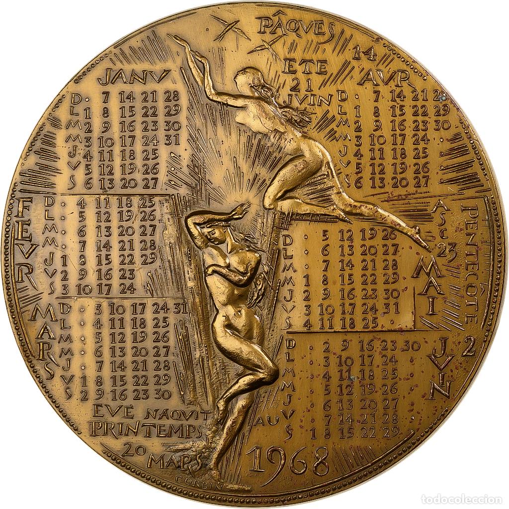 Médaille En Cuivre Signée Simon, Calendrier 1969 Avec Angelot - Style Art Déco, 96 Mm