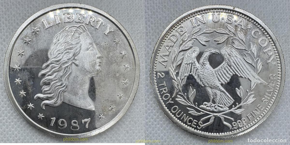 Medallas hist&oacute;ricas: 2 TROY OUNCE 1987 FLOWING HAIR .999 FINE SILVER ROUND