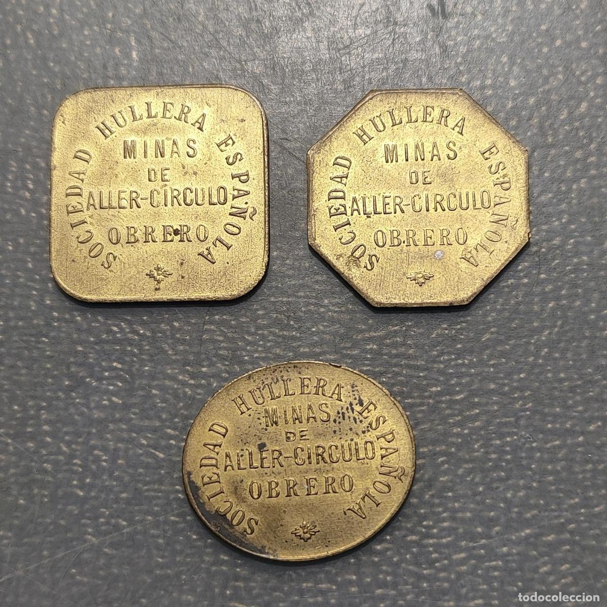 Medallas hist&oacute;ricas: ESPA&Ntilde;A ASTURIAS MINAS DE ALLER SOCIEDAD HULLERA CIRCULO OBRERO LOTE DE 3 FICHAS
