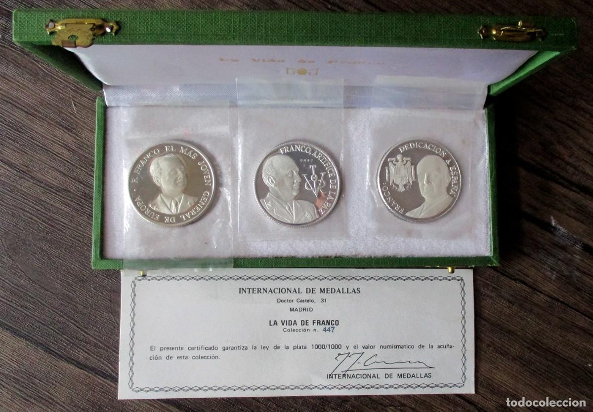 Medallas hist&oacute;ricas: LA VIDA DE FRANCO. SET O COLECCION DE 3 MEDALLAS DE PLATA PURA EN CALIDAD PROOF. LOTE 0343
