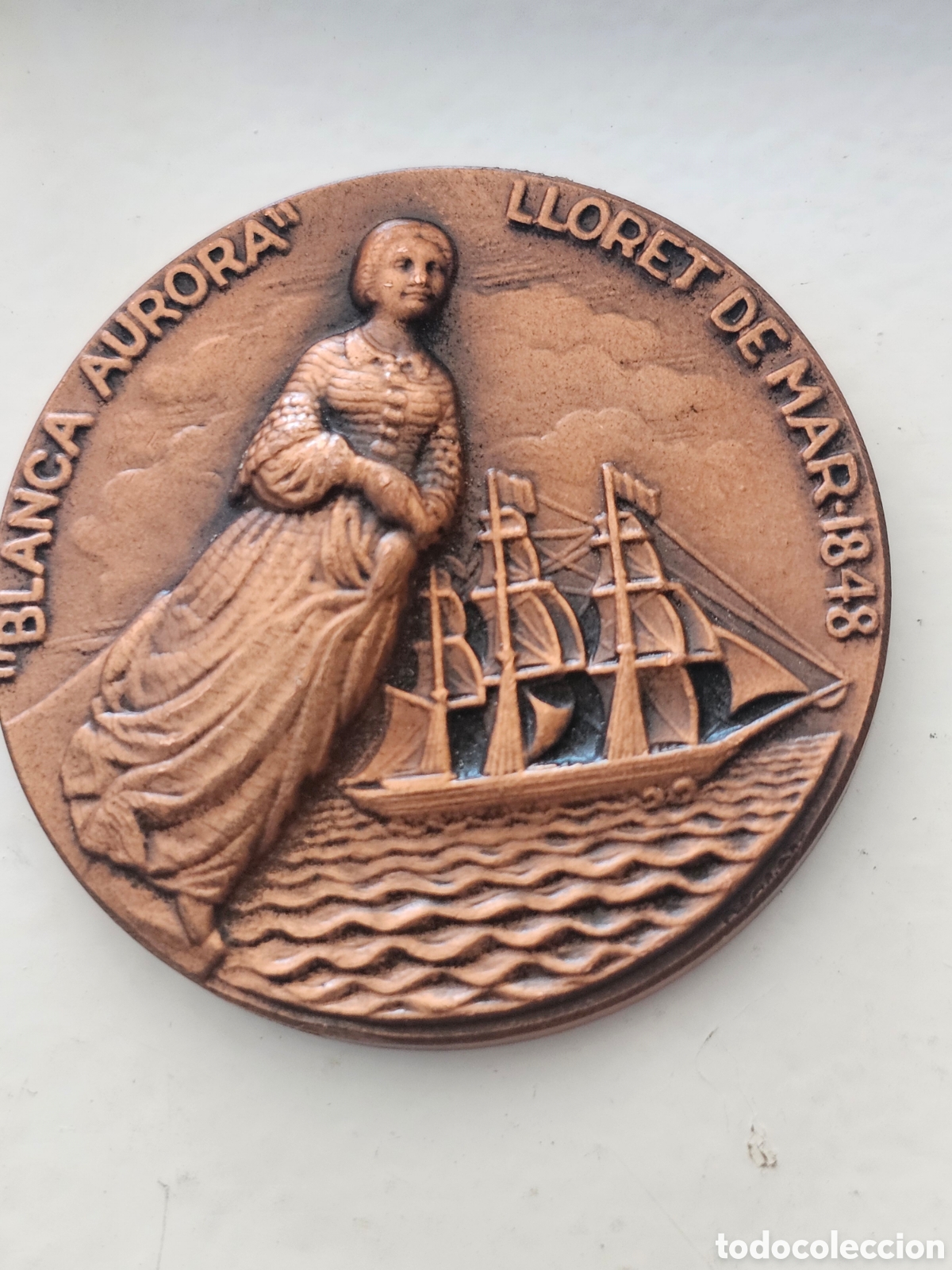 Medallas hist&oacute;ricas: Medalla de cobre del XVIII Sal&oacute;n N&aacute;utico Barcelona 1980 barco Blanca Aurora Lloret de Mar 1848