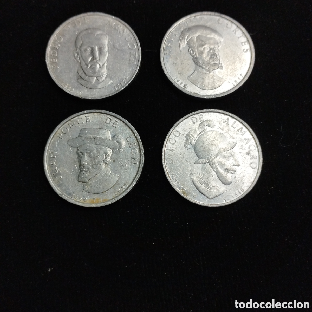 Medallas hist&oacute;ricas: Lote X4 monedas Conquistadores. Aluminio.