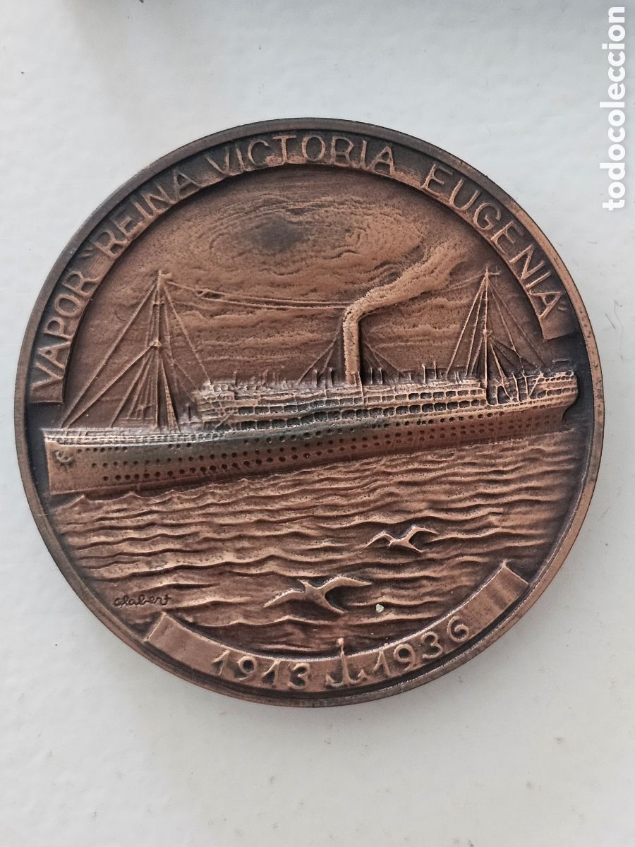 Medallas hist&oacute;ricas: Medalla de cobre del Sal&oacute;n N&aacute;utico de Barcelona XXXI 1992 Vapor Reina Vict&ograve;ria Eugenia 1913 1936