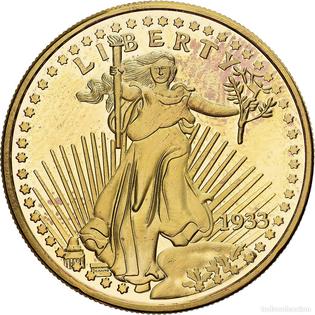 Medallas hist&oacute;ricas: [#1214034] Francia, medalla, Reproduction Twenty Dollar Liberty, 1933, Copper Gilt, SC