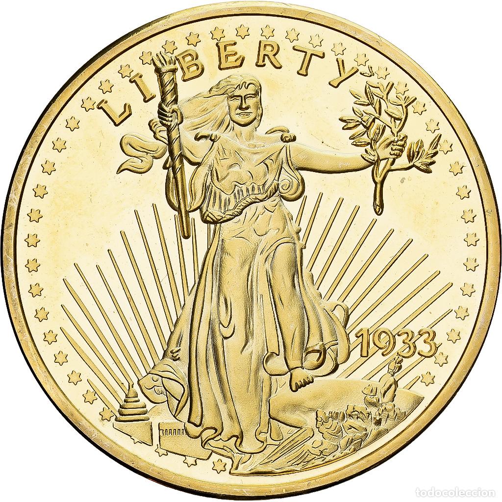 Medallas hist&oacute;ricas: [#1214033] Francia, medalla, Reproduction Twenty Dollar Liberty, 1933, Copper Gilt, SC+