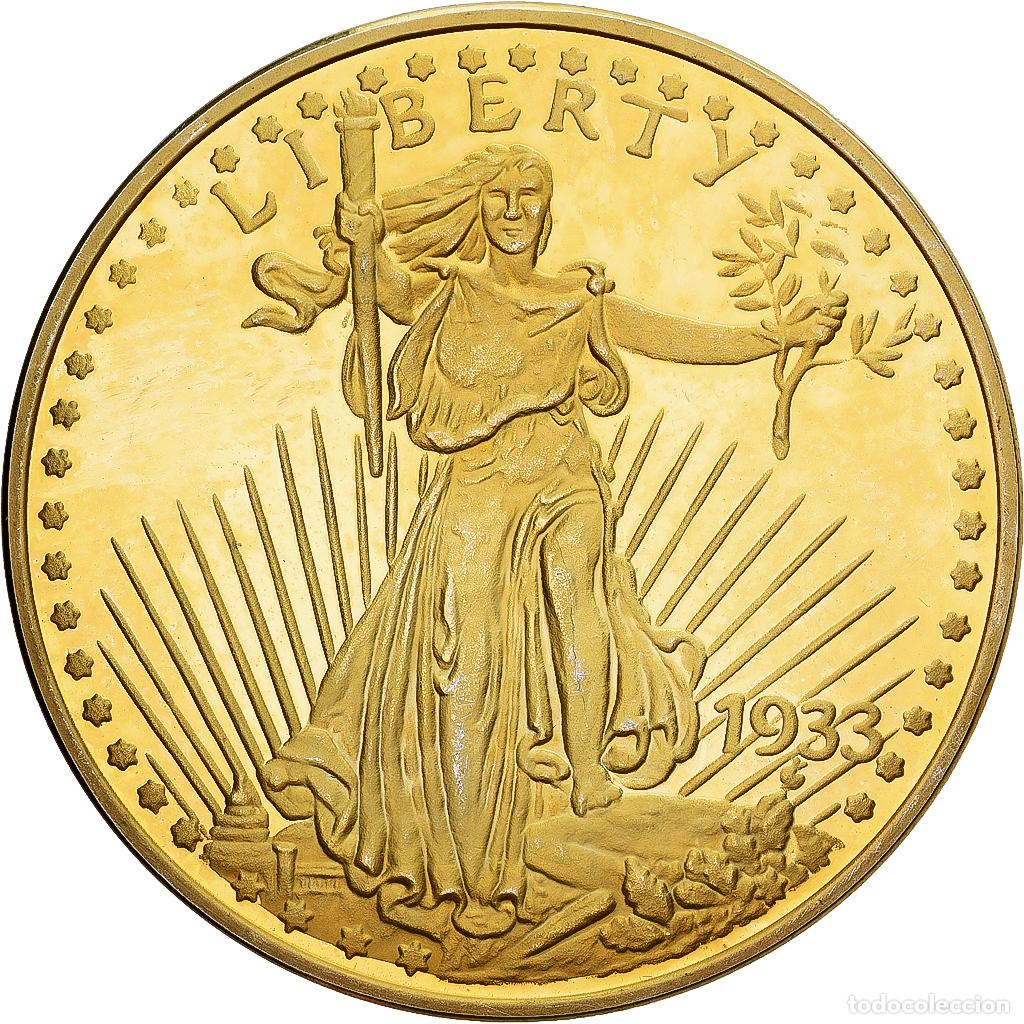 Medallas hist&oacute;ricas: [#1214032] Francia, medalla, Reproduction Twenty Dollar Liberty, 1933, Copper Gilt, SC