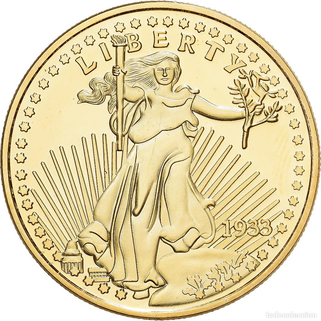 Medallas hist&oacute;ricas: [#1214539] Francia, medalla, Reproduction Twenty Dollars Liberty, Copper Gilt, FDC