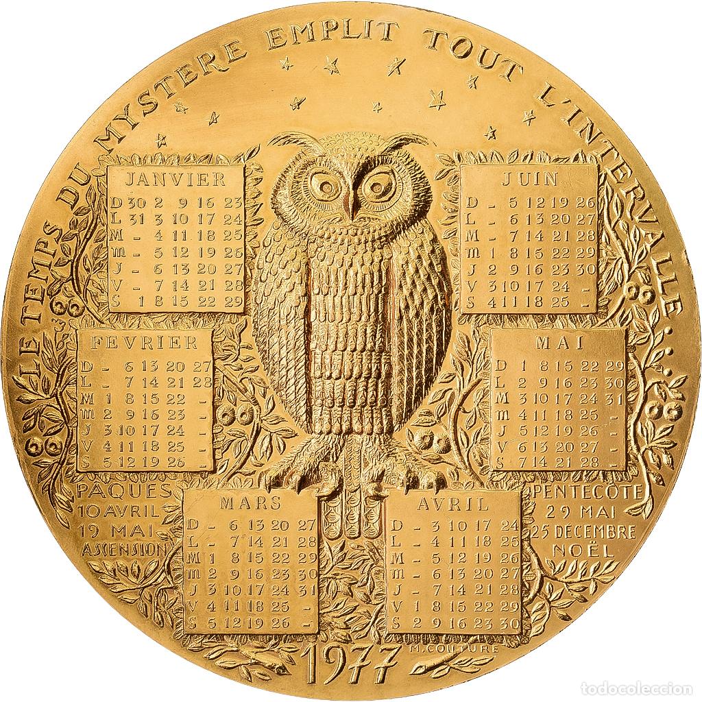 Medallas hist&oacute;ricas: [#1215011] Francia, medalla, Calendrier, La Chouette et le Coq, 1977, Bronze Florentin, SC