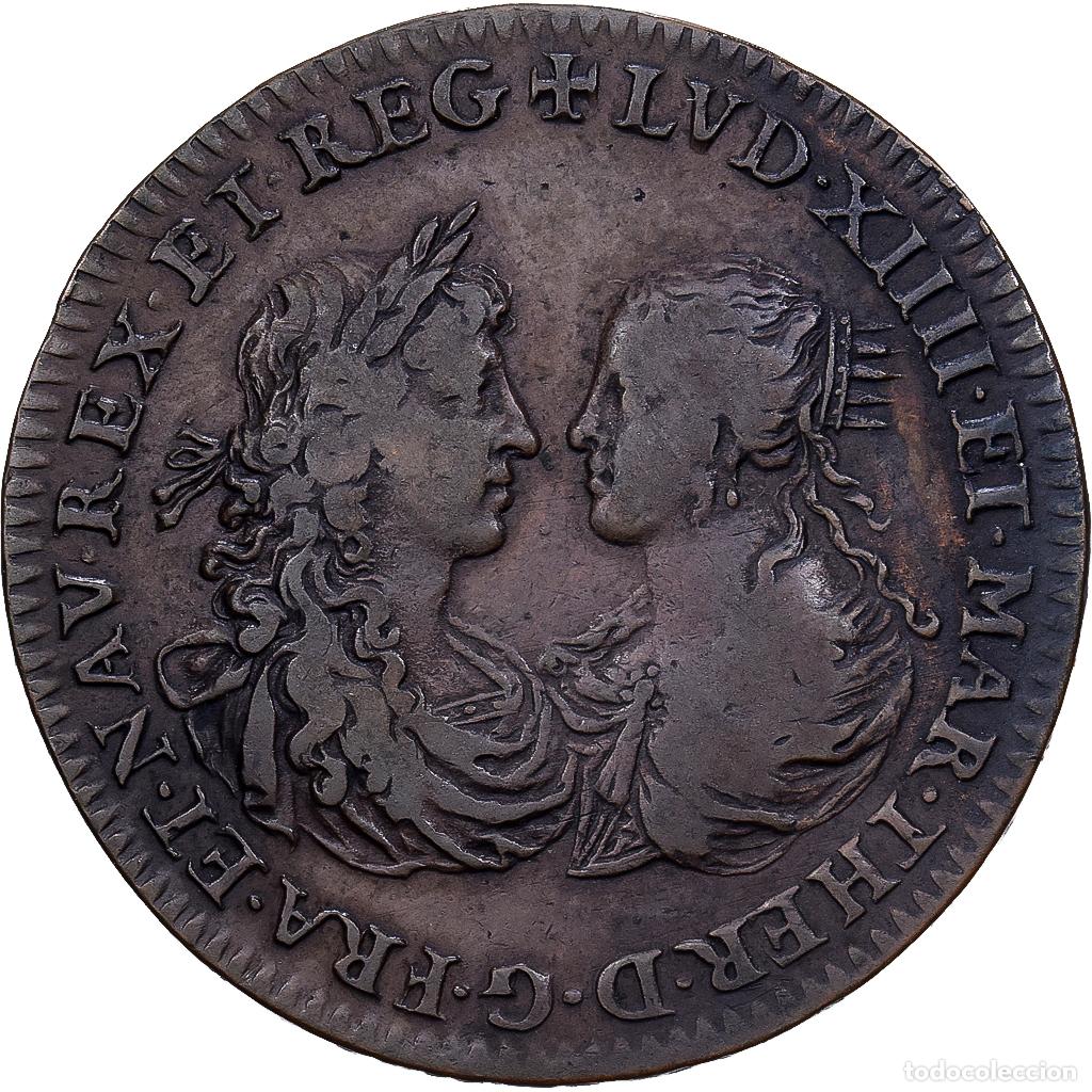 Medallas hist&oacute;ricas: [#1214641] Francia, zeton, Louis XIV et Marie-Th&eacute;r&egrave;se, Mariage, 1667, Cobre, BC+
